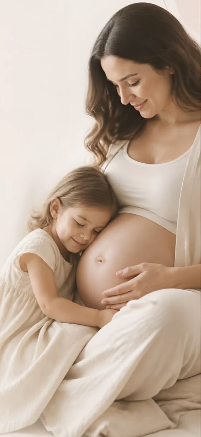 Gestante sentada com a filha encostando o rosto na barriga